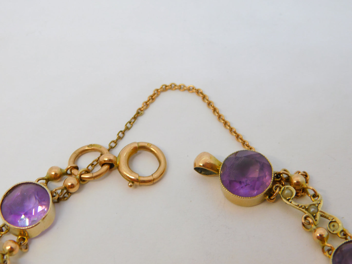 Edwardian 9ct Rose Gold, Amethyst & Seed Pearl Floral Bracelet Antique c1910