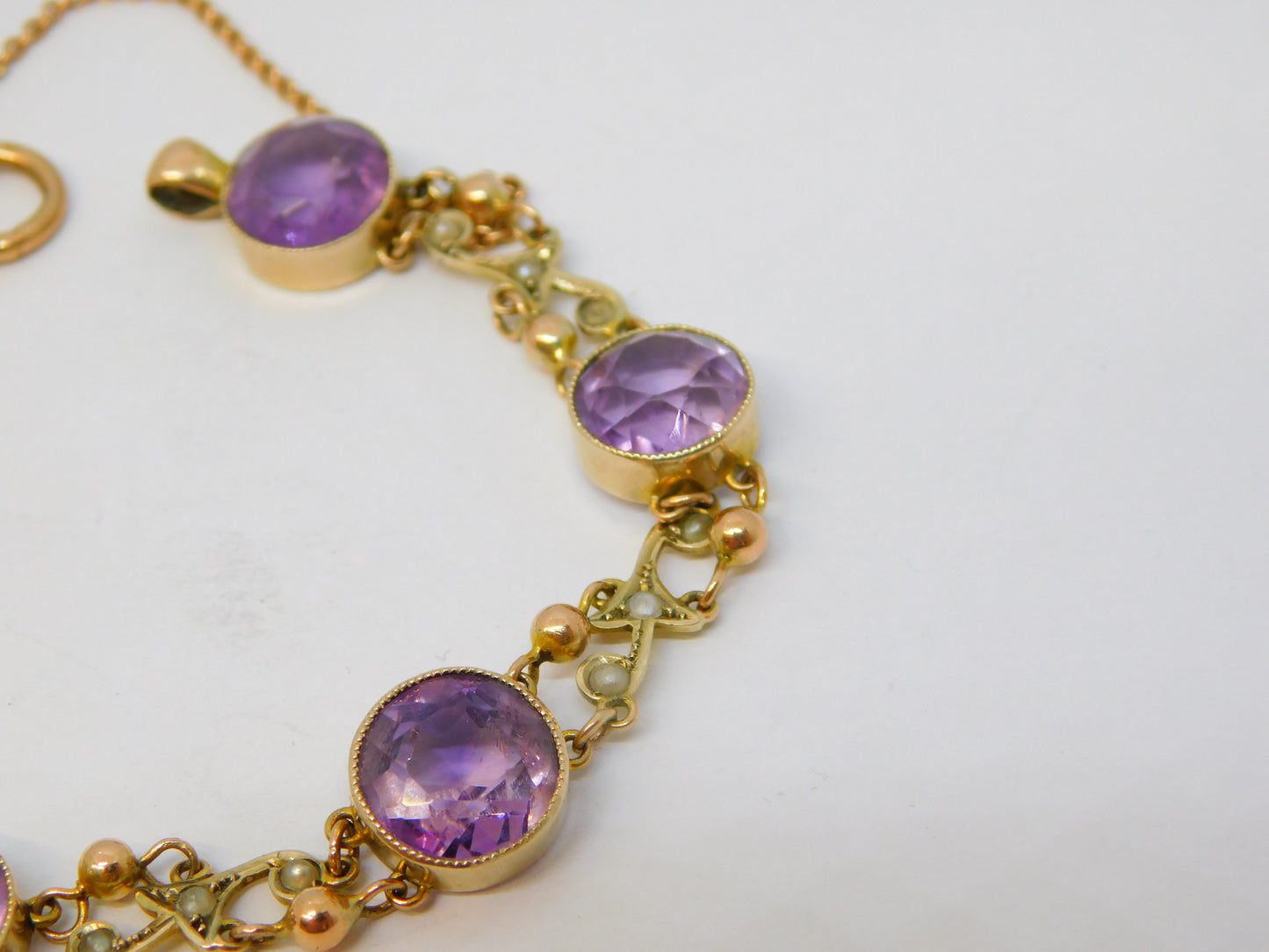 Edwardian 9ct Rose Gold, Amethyst & Seed Pearl Floral Bracelet Antique c1910