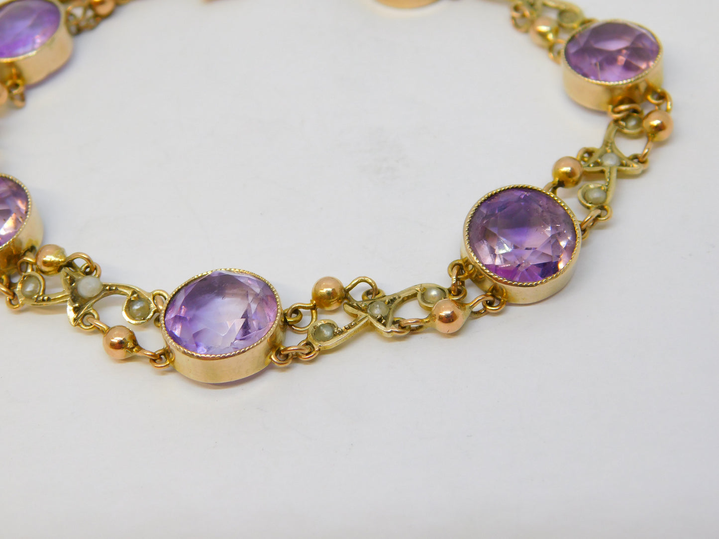 Edwardian 9ct Rose Gold, Amethyst & Seed Pearl Floral Bracelet Antique c1910