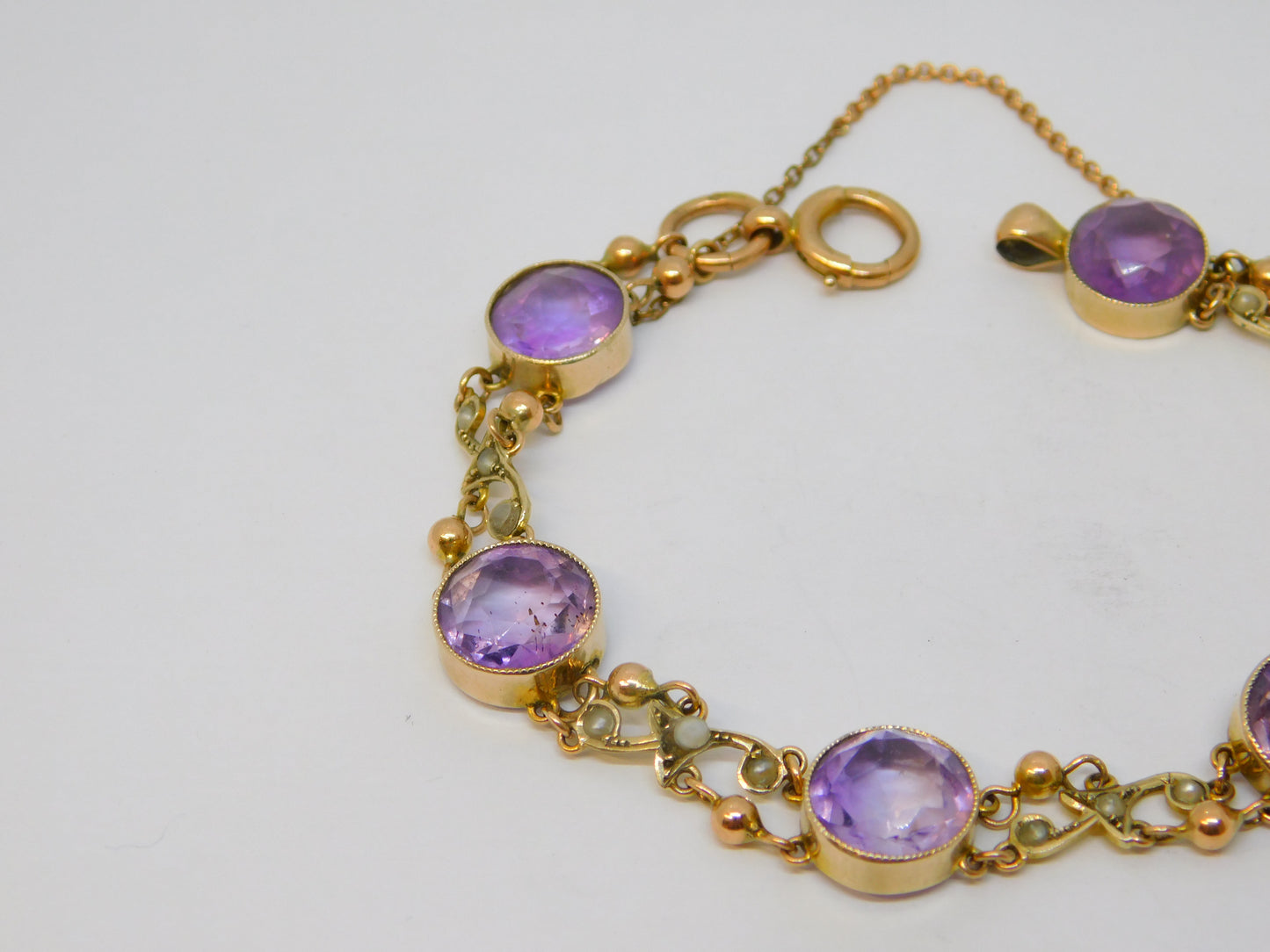 Edwardian 9ct Rose Gold, Amethyst & Seed Pearl Floral Bracelet Antique c1910