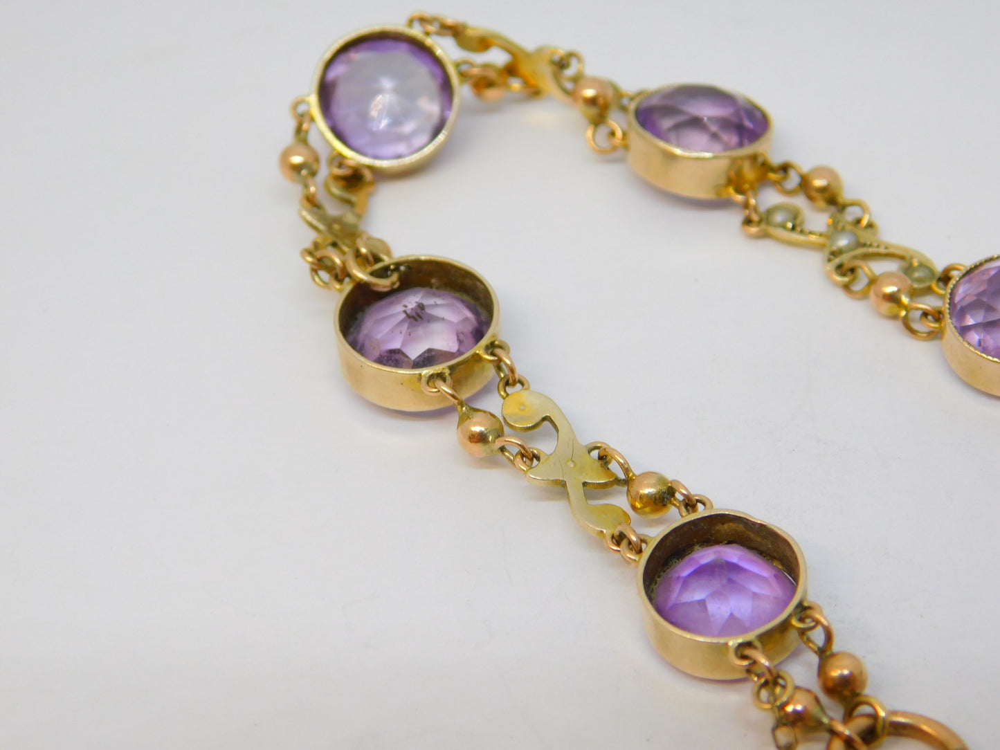 Edwardian 9ct Rose Gold, Amethyst & Seed Pearl Floral Bracelet Antique c1910