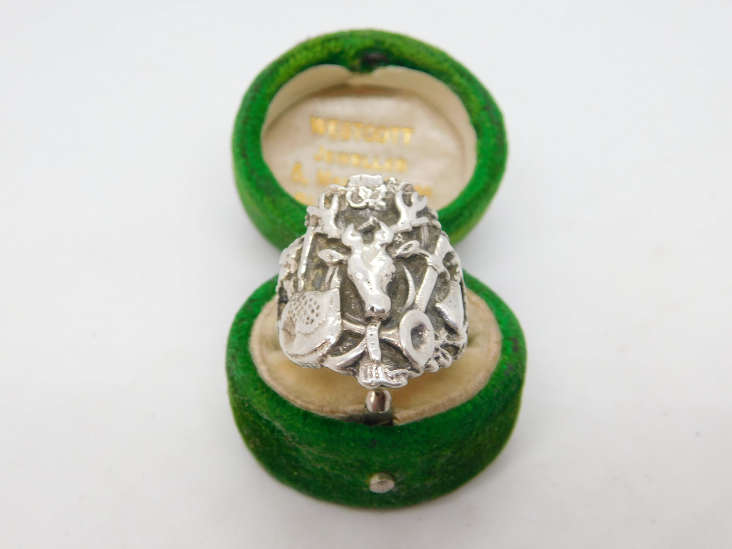 Victorian Sterling Silver Stag Hunting Interest Signet Ring Antique c1900