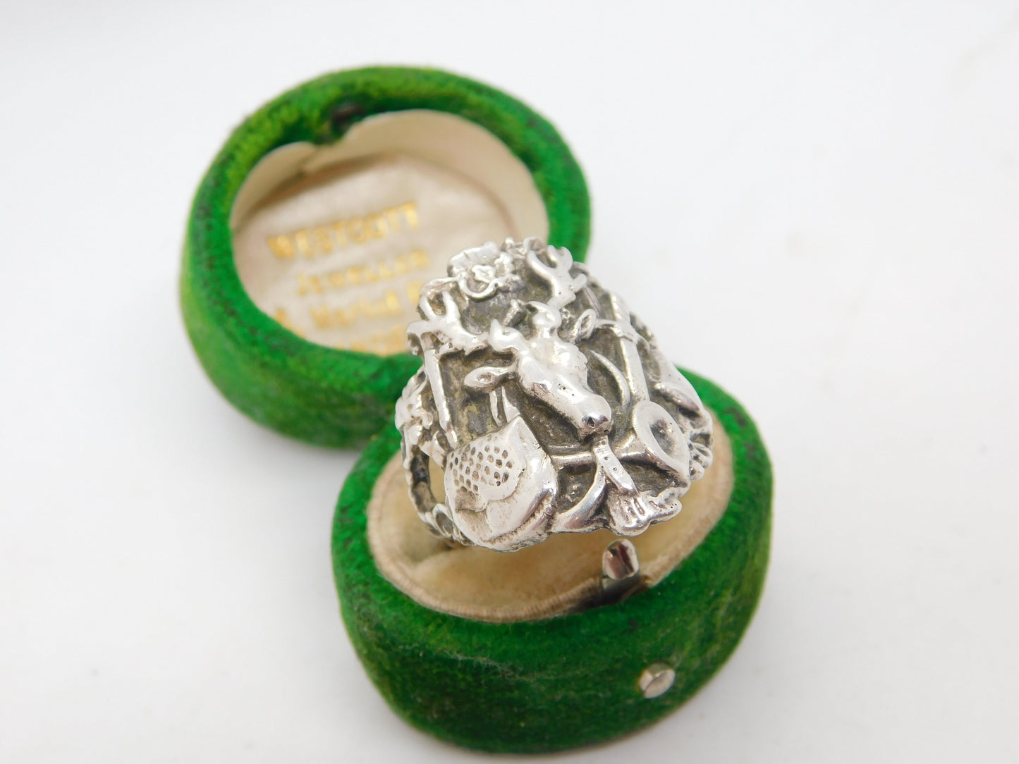 Victorian Sterling Silver Stag Hunting Interest Signet Ring Antique c1900