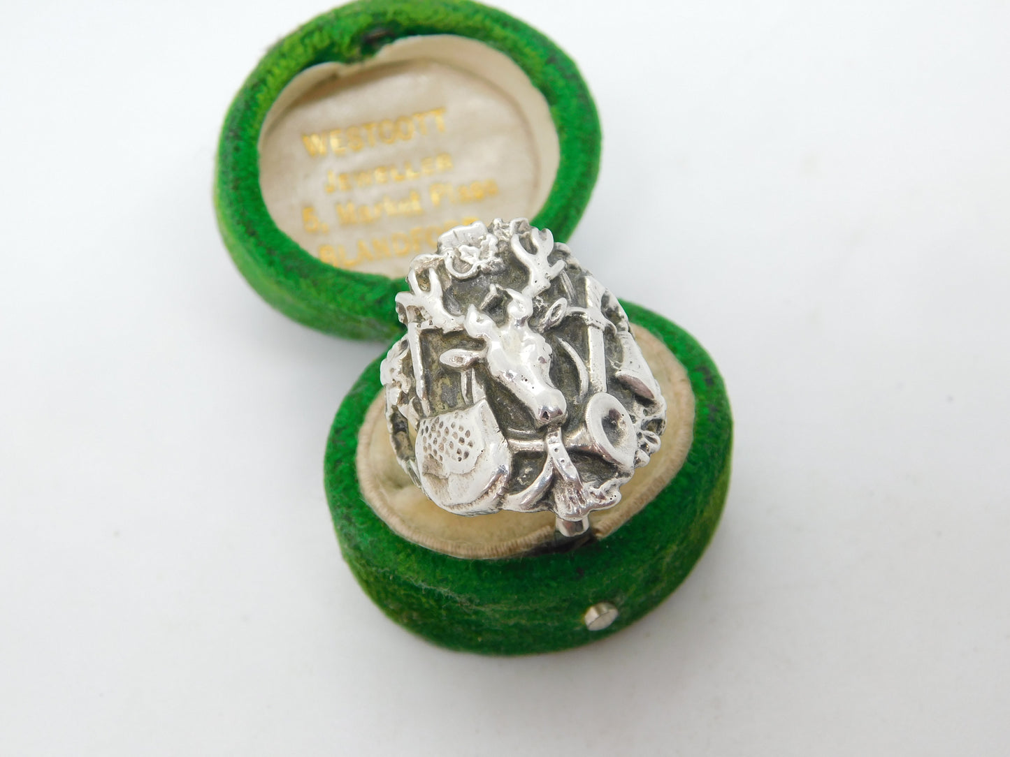 Victorian Sterling Silver Stag Hunting Interest Signet Ring Antique c1900
