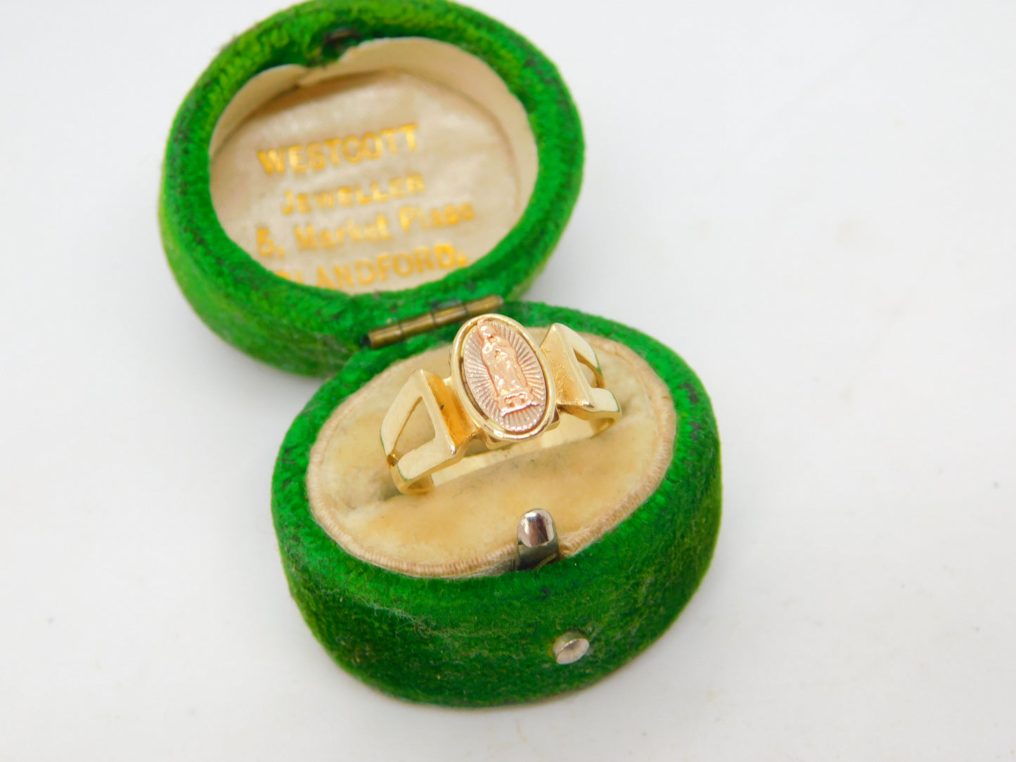 14ct Yellow & Rose Gold Catholic Religious Signet Ring Vintage c1960