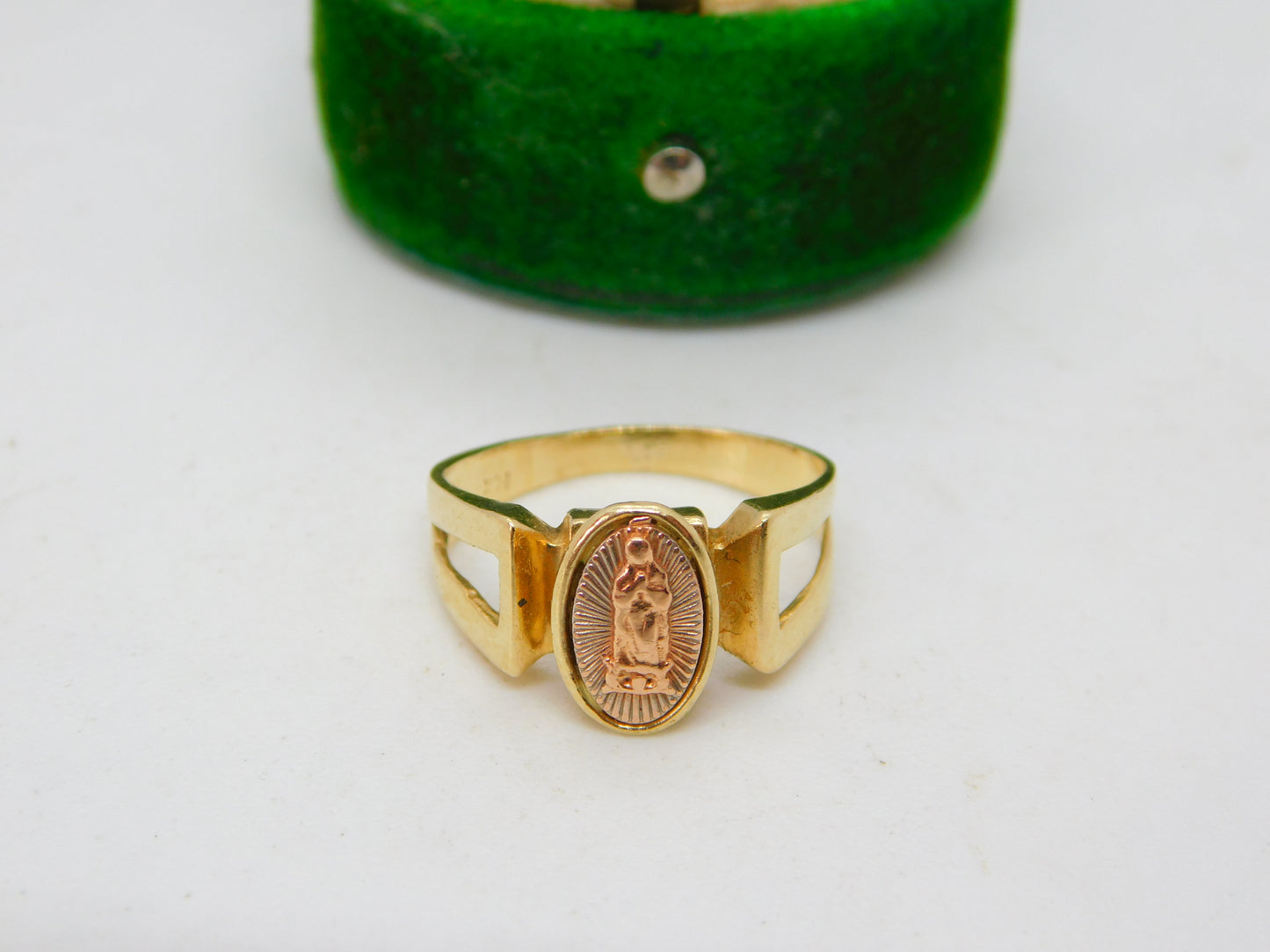 14ct Yellow & Rose Gold Catholic Religious Signet Ring Vintage c1960