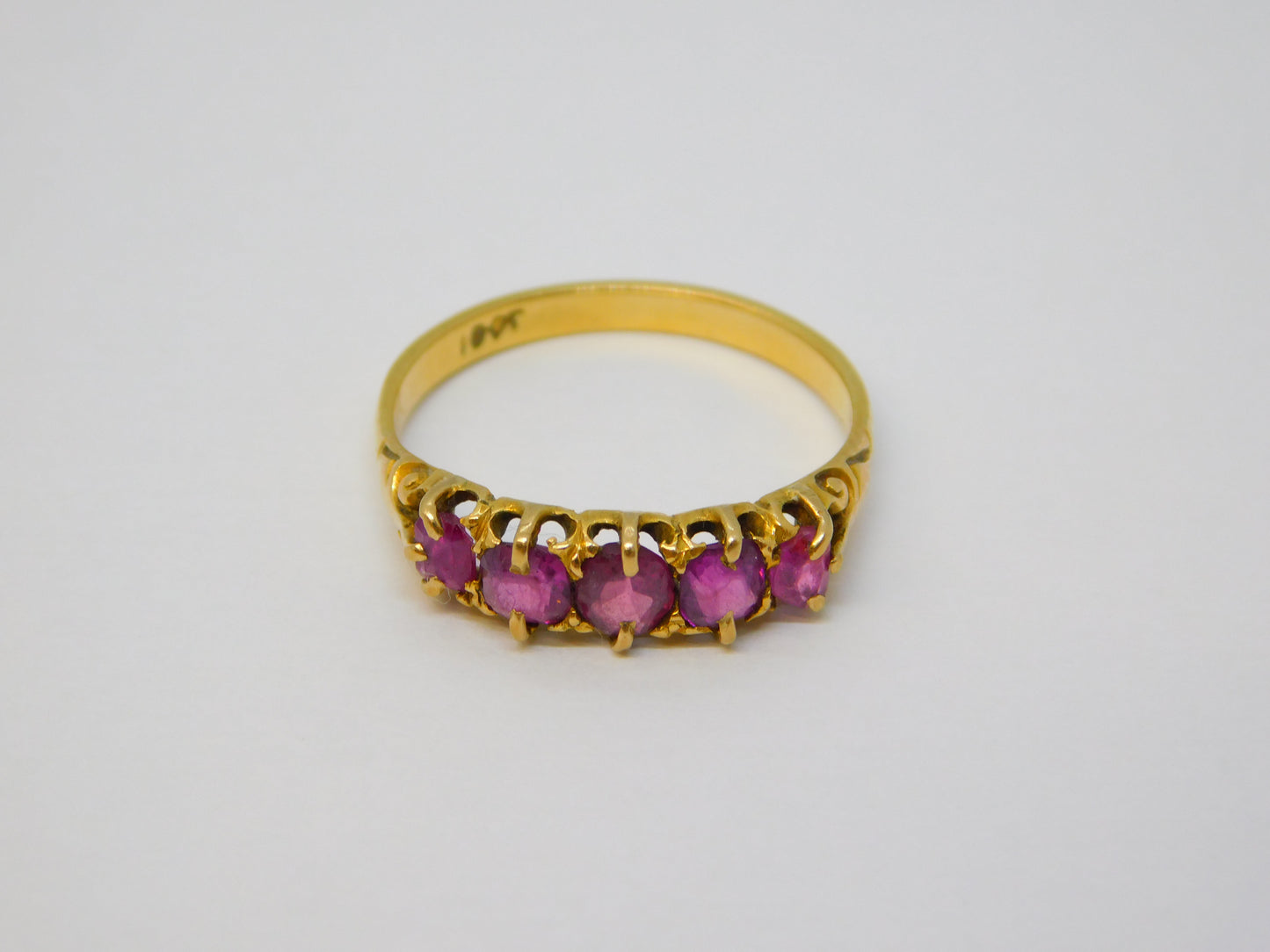 Edwardian 18ct Yellow Gold & Five-Stone Ruby Boat Ring Antique c1910
