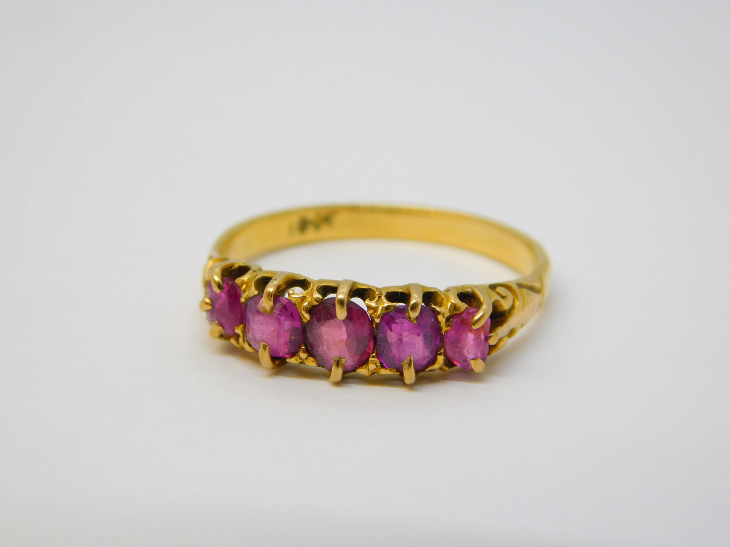 Edwardian 18ct Yellow Gold & Five-Stone Ruby Boat Ring Antique c1910