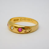 Victorian 18ct Yellow Gold, Diamond & Ruby Boat Ring Antique 1892 Birmingham
