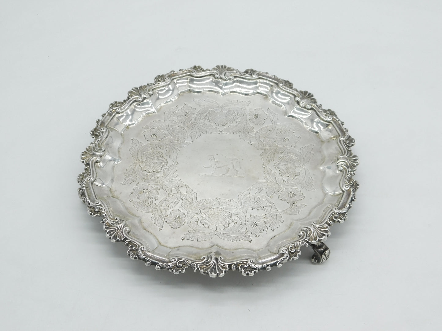 George III Sterling Silver Lion Crest Floral Salver Dish Antique 1786 London