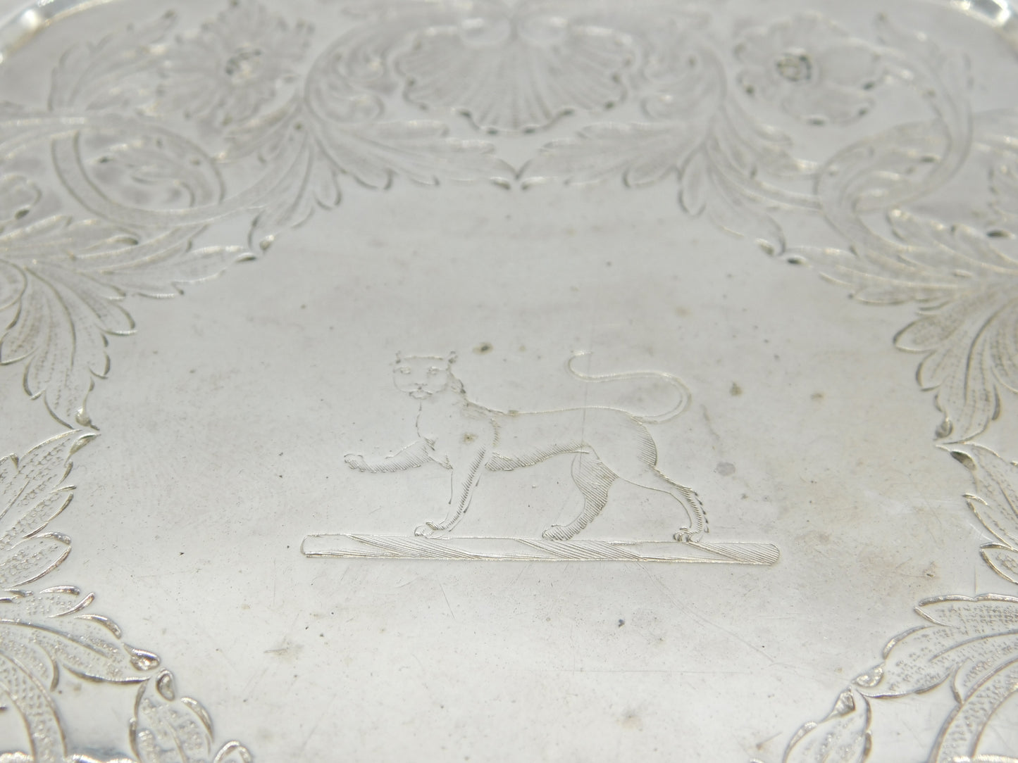 George III Sterling Silver Lion Crest Floral Salver Dish Antique 1786 London