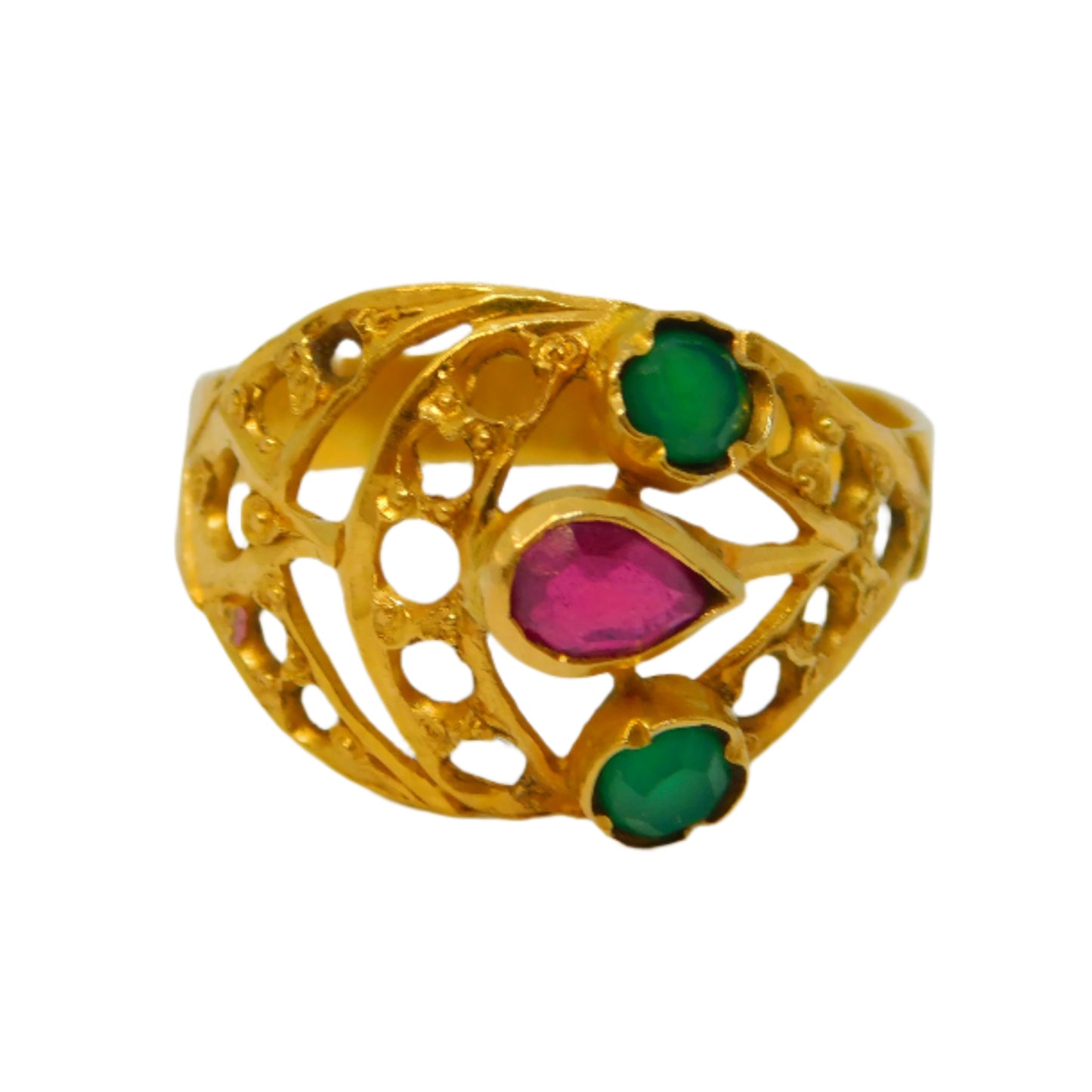 Indian 22ct Yellow Gold, Ruby & Emerald Floral Ring Antique c1920 Art Deco