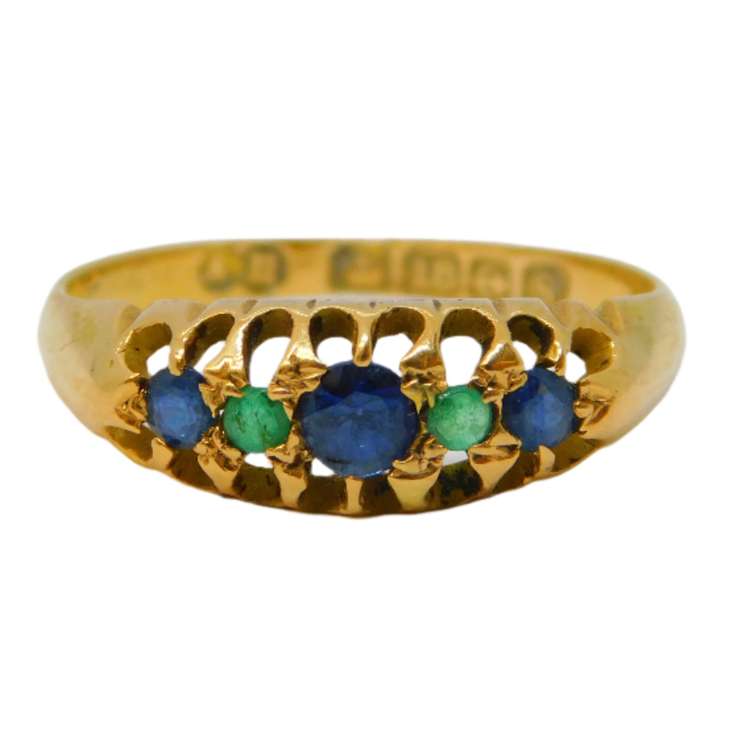 18ct Yellow Gold Sapphire & Emerald Boat Ring Antique 1917 Birmingham