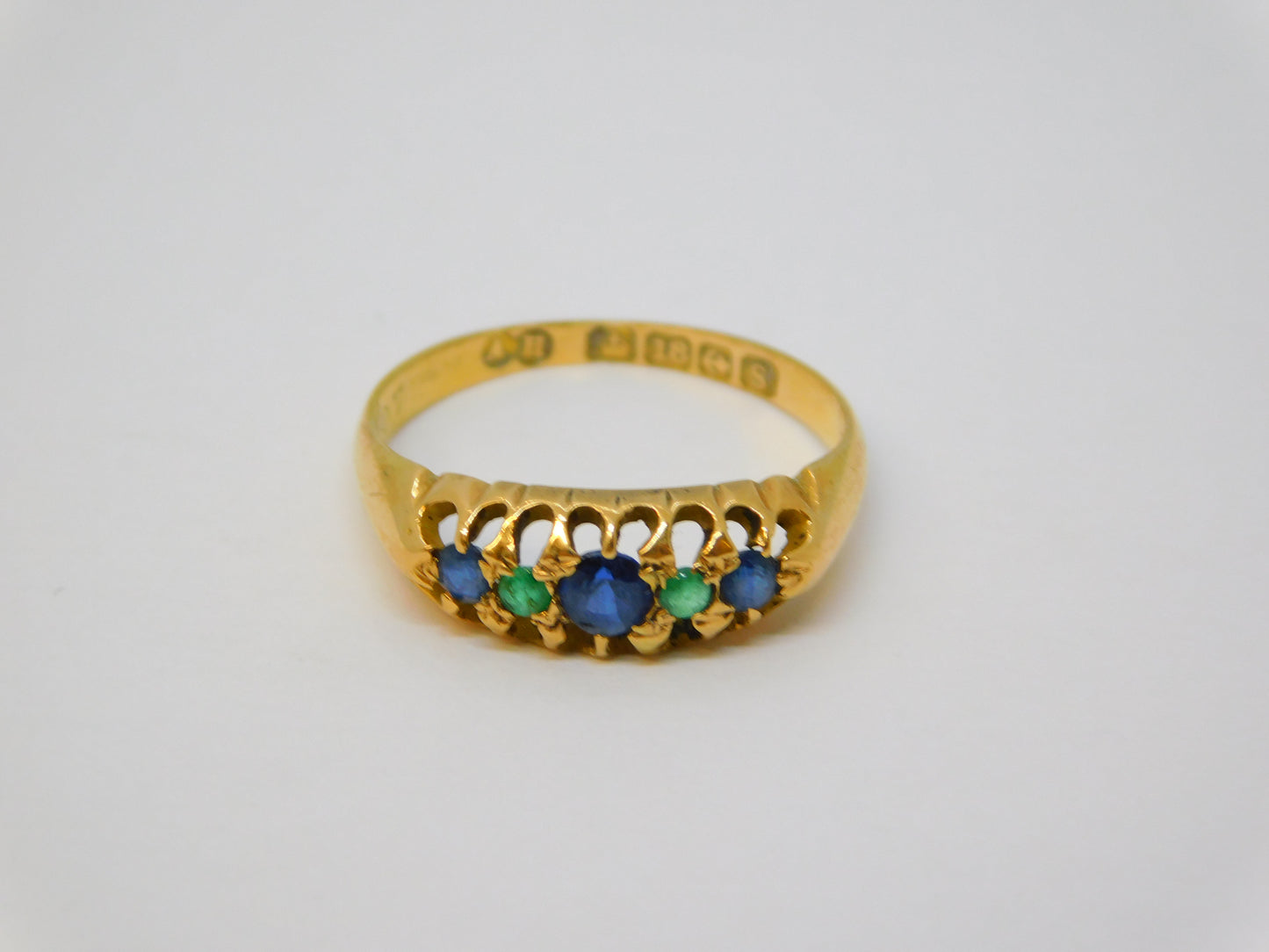 18ct Yellow Gold Sapphire & Emerald Boat Ring Antique 1917 Birmingham