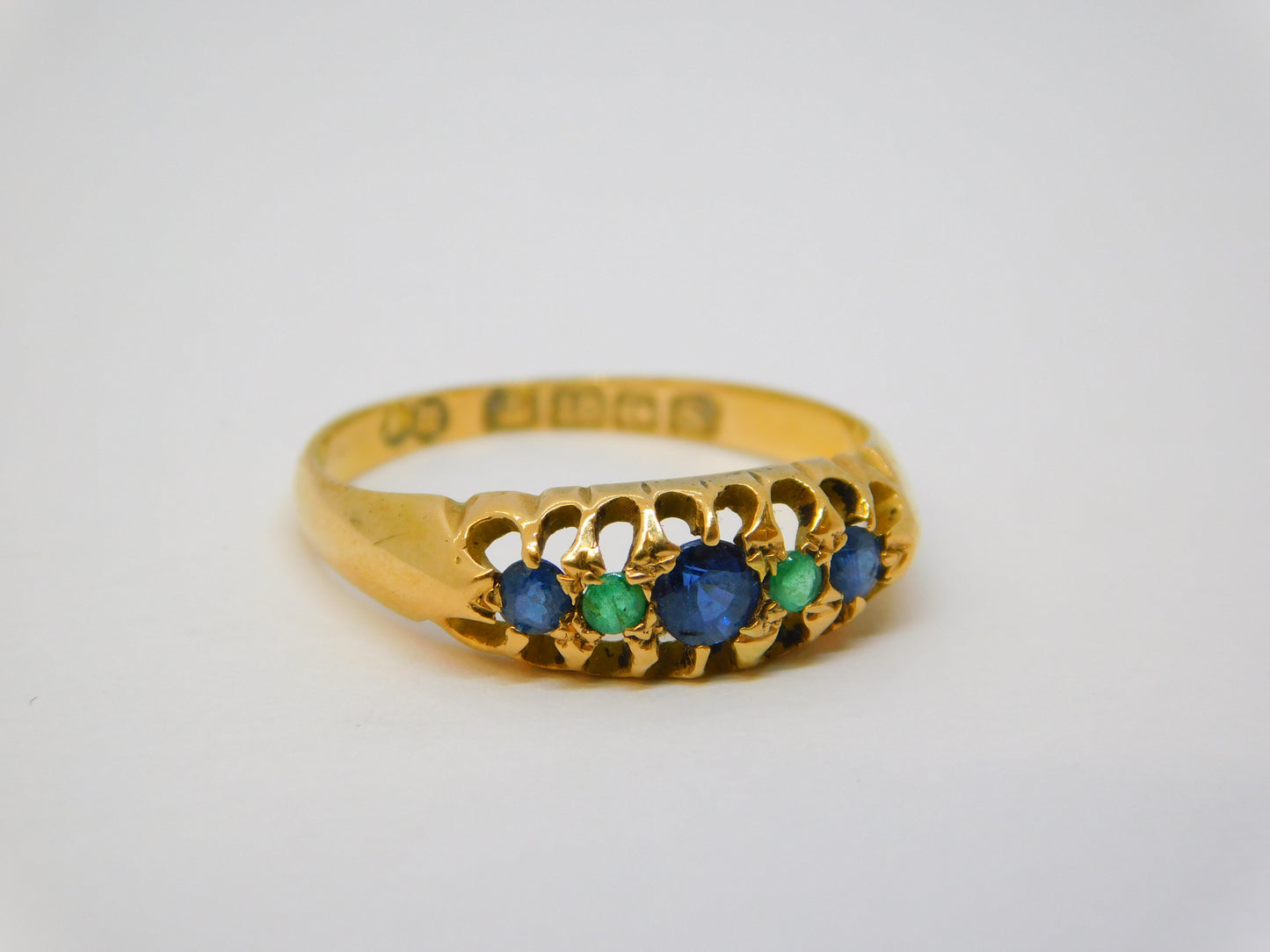 18ct Yellow Gold Sapphire & Emerald Boat Ring Antique 1917 Birmingham