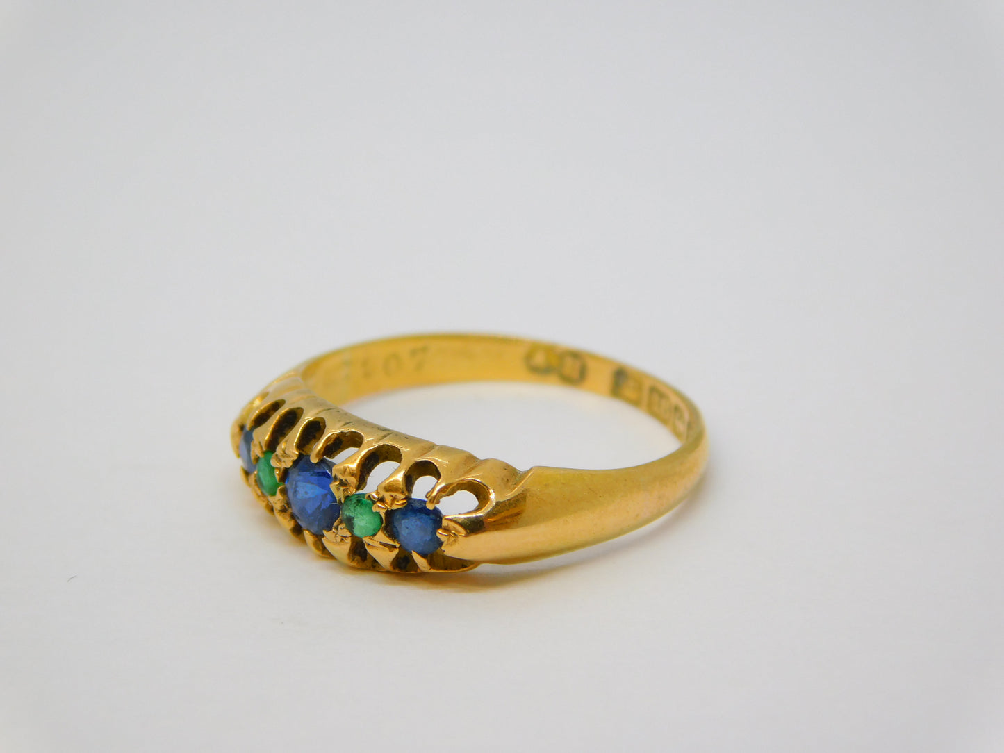18ct Yellow Gold Sapphire & Emerald Boat Ring Antique 1917 Birmingham
