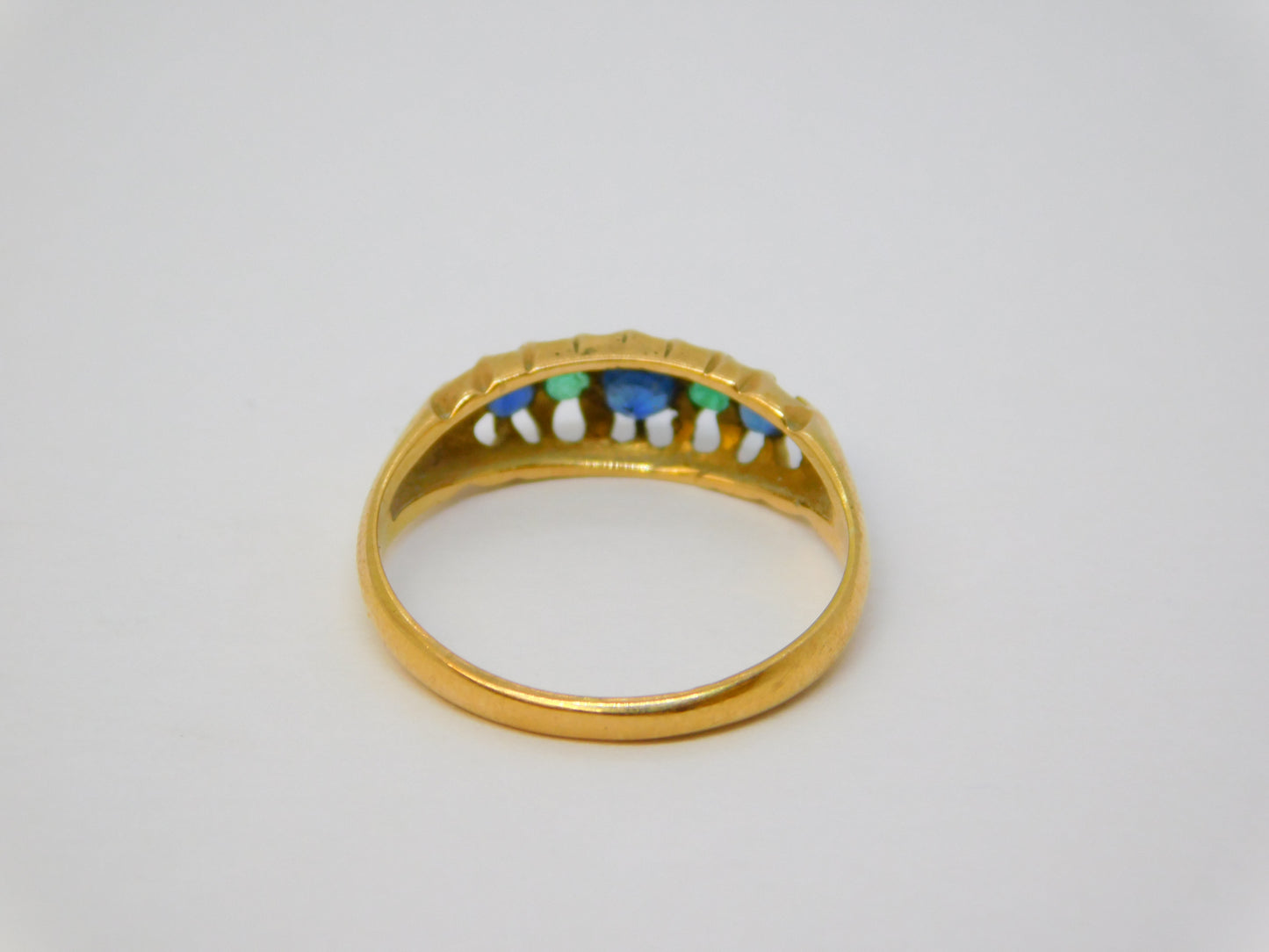 18ct Yellow Gold Sapphire & Emerald Boat Ring Antique 1917 Birmingham