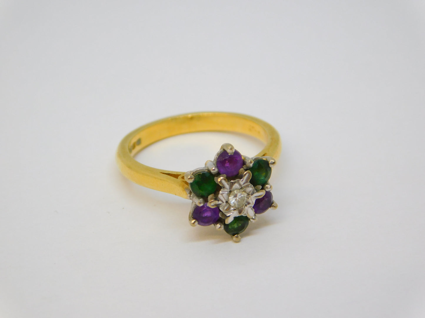 18ct Gold, Emerald, Amethyst & Diamond Suffragette Cluster Ring Vintage London