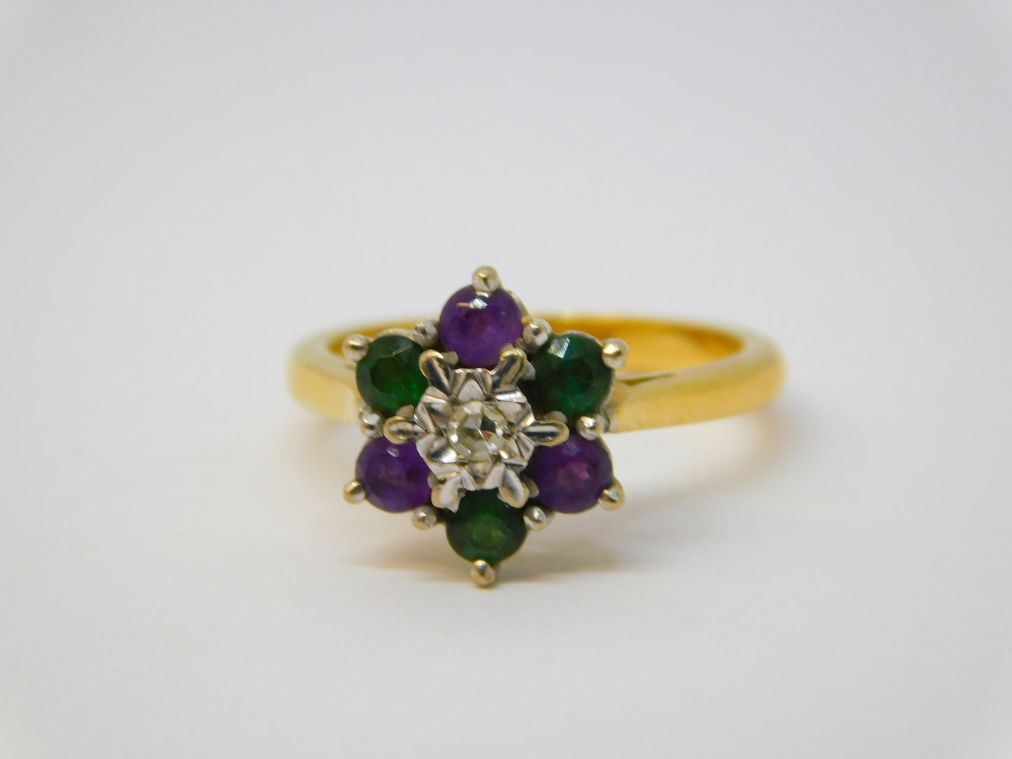 18ct Gold, Emerald, Amethyst & Diamond Suffragette Cluster Ring Vintage London