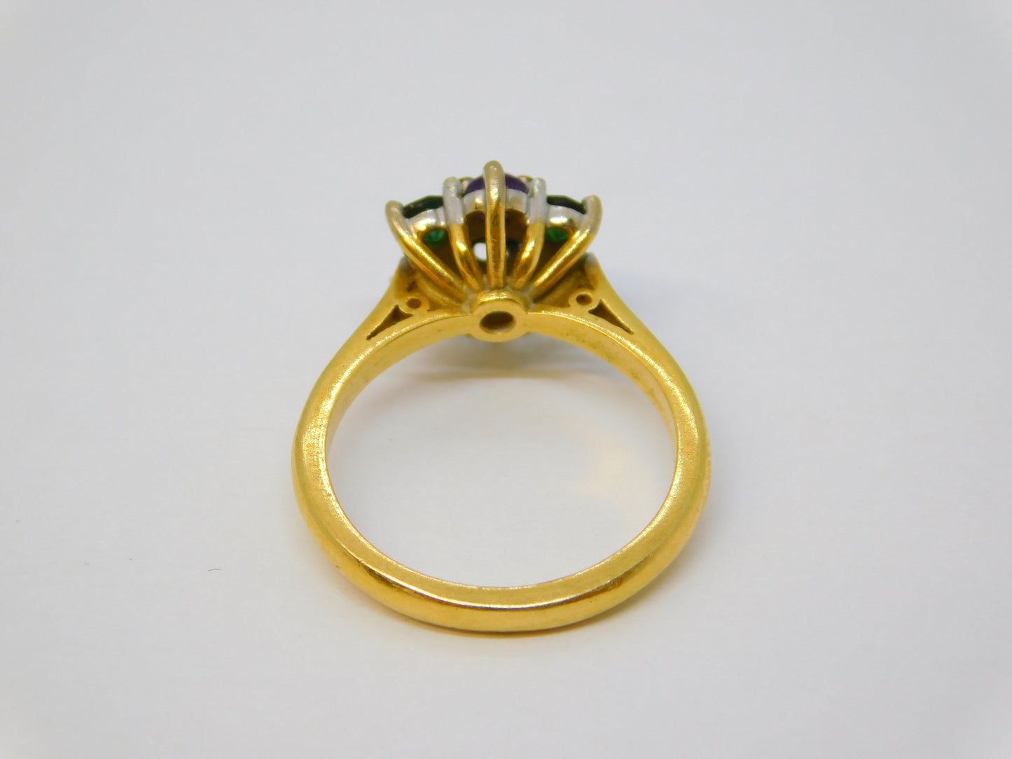 18ct Gold, Emerald, Amethyst & Diamond Suffragette Cluster Ring Vintage London