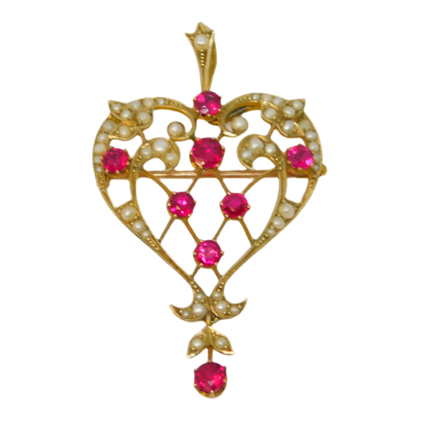 Victorian 15ct Yellow Gold, Red Paste & Seed Pearl Lavalier Drop Pendant Antique