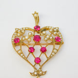 Victorian 15ct Yellow Gold, Red Paste & Seed Pearl Lavalier Drop Pendant Antique