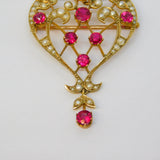 Victorian 15ct Yellow Gold, Red Paste & Seed Pearl Lavalier Drop Pendant Antique