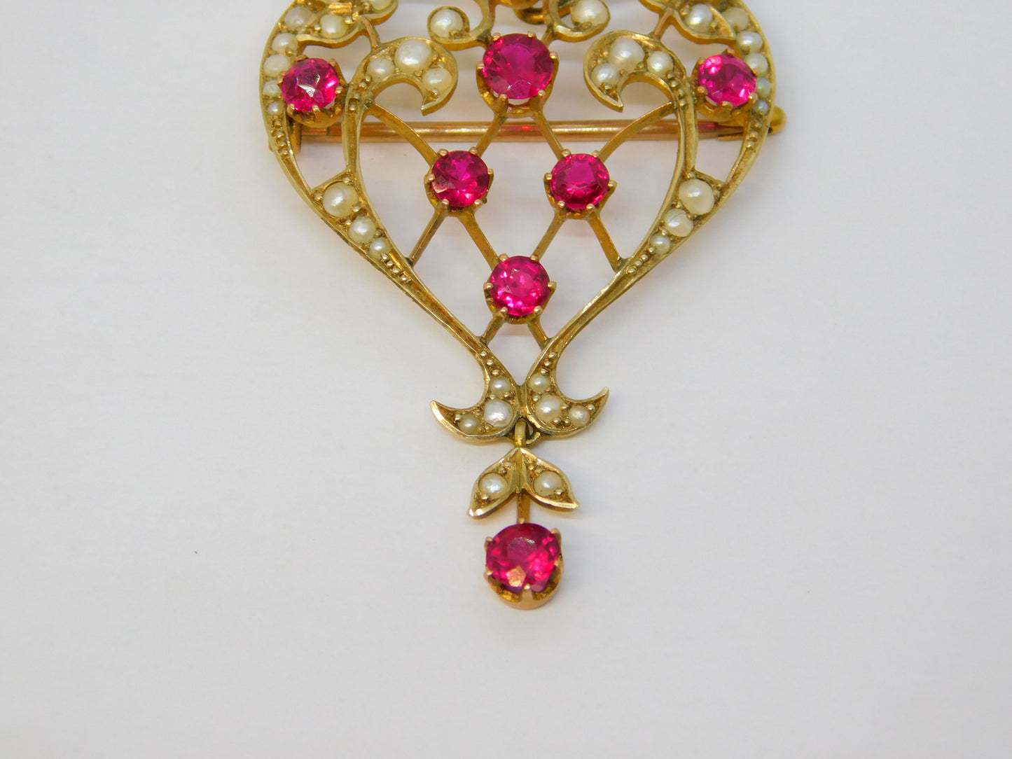 Victorian 15ct Yellow Gold, Red Paste & Seed Pearl Lavalier Drop Pendant Antique
