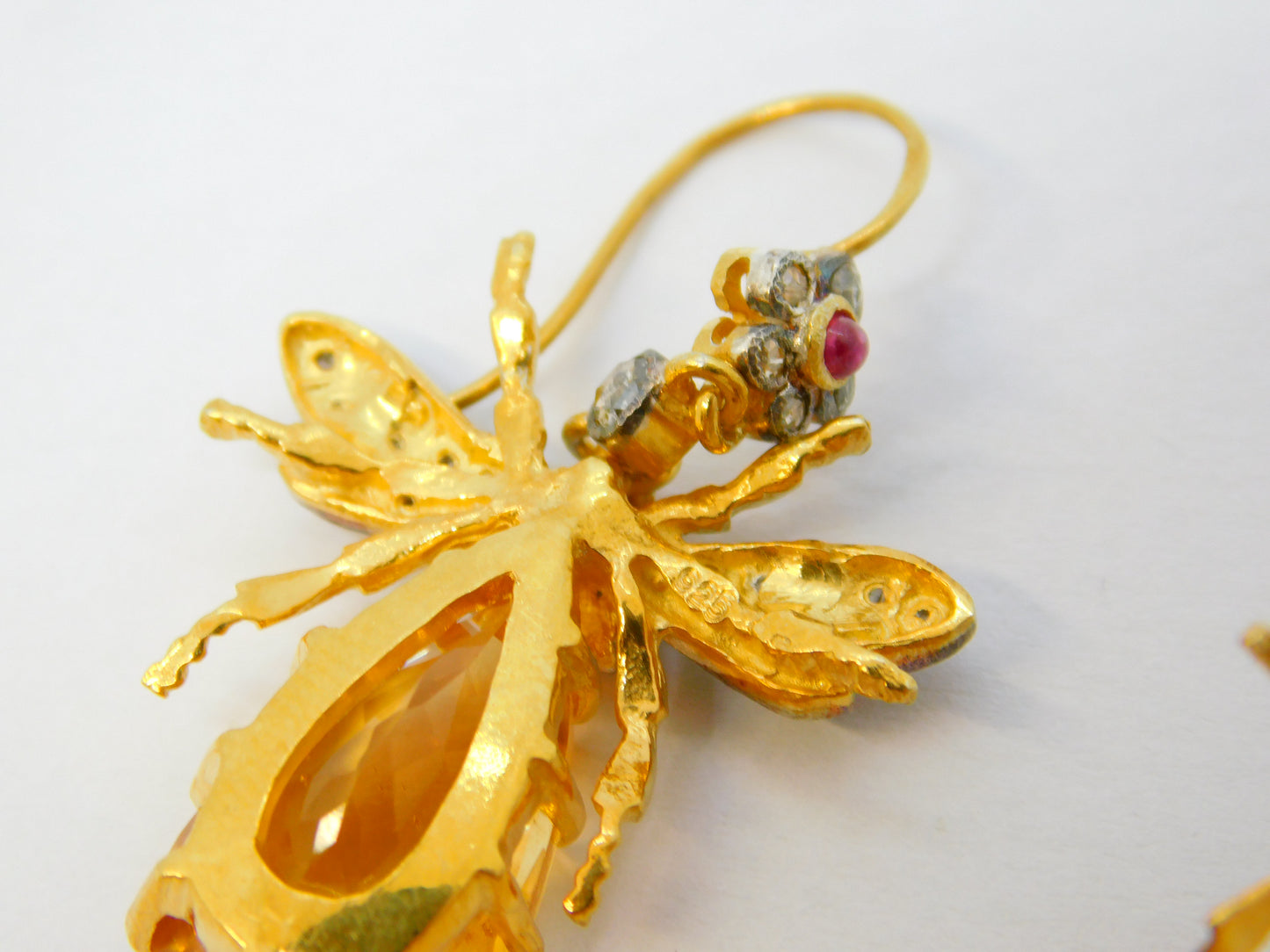 9ct Gold, Silver, Ruby, Diamond & Citrine Set Insect Bug Hook Earrings Vintage