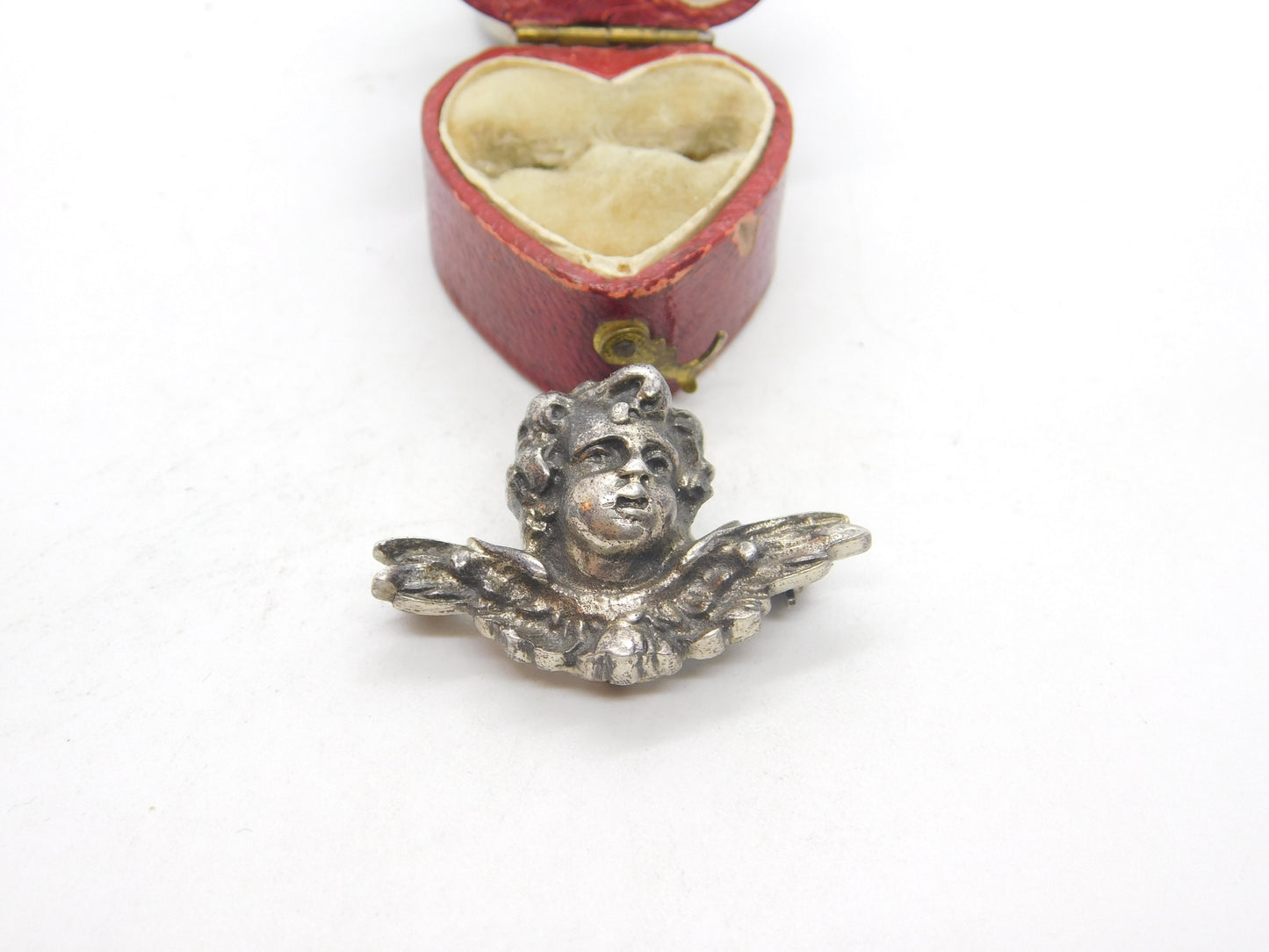 Victorian Sterling Silver Winged Cherub Sweetheart Brooch Antique c1860