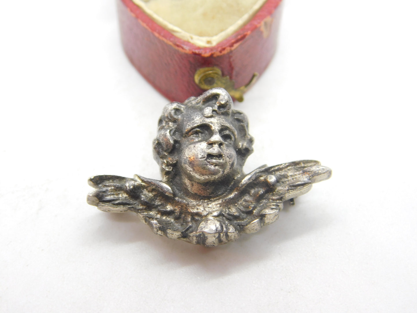 Victorian Sterling Silver Winged Cherub Sweetheart Brooch Antique c1860