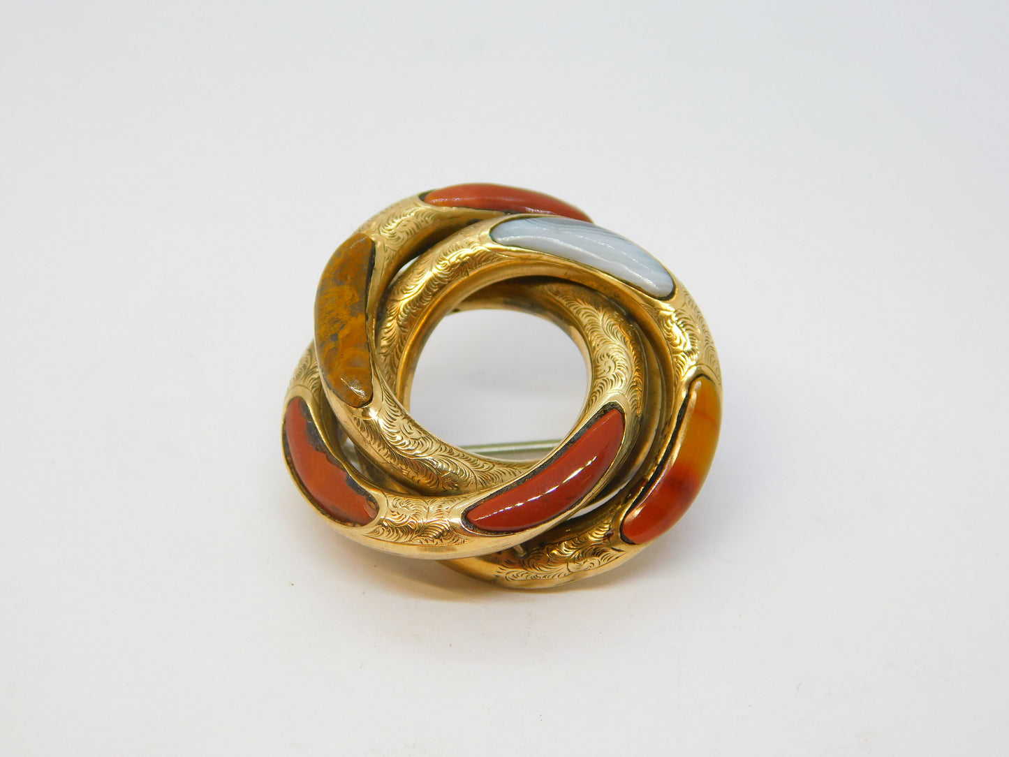 Victorian Scottish 9ct Gold, Montrose & Red Agate Knot Brooch Antique c1860