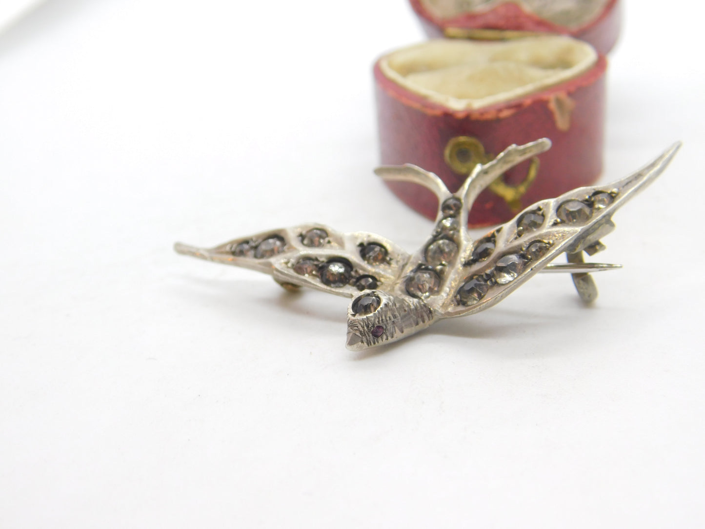Victorian Sterling Silver Diamond Paste Swallow Sweetheart Brooch c1880 Antique