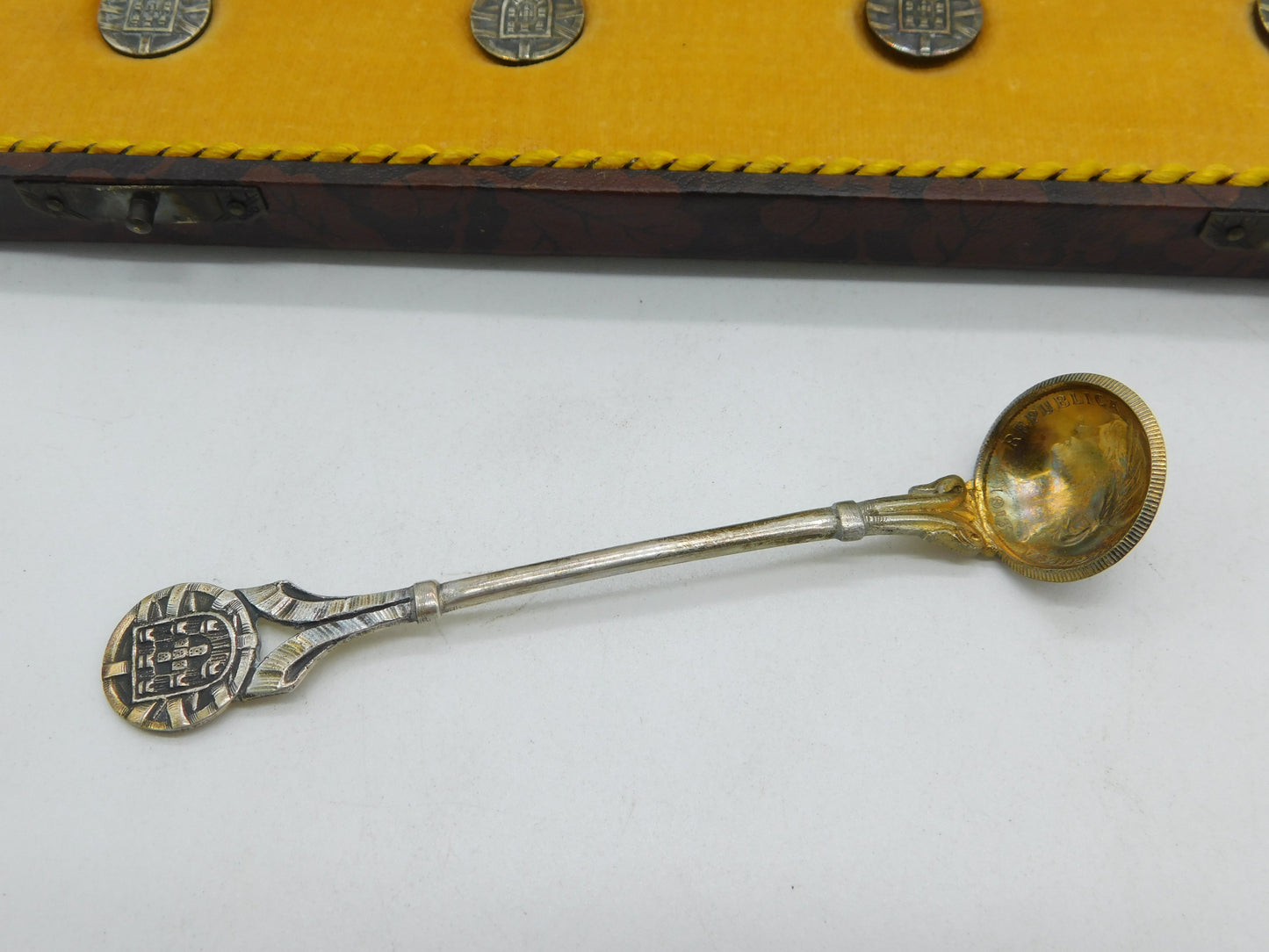 Boxed Set of Portuguese Sterling Silver Coin Teaspoons Antique 1915 Art Deco