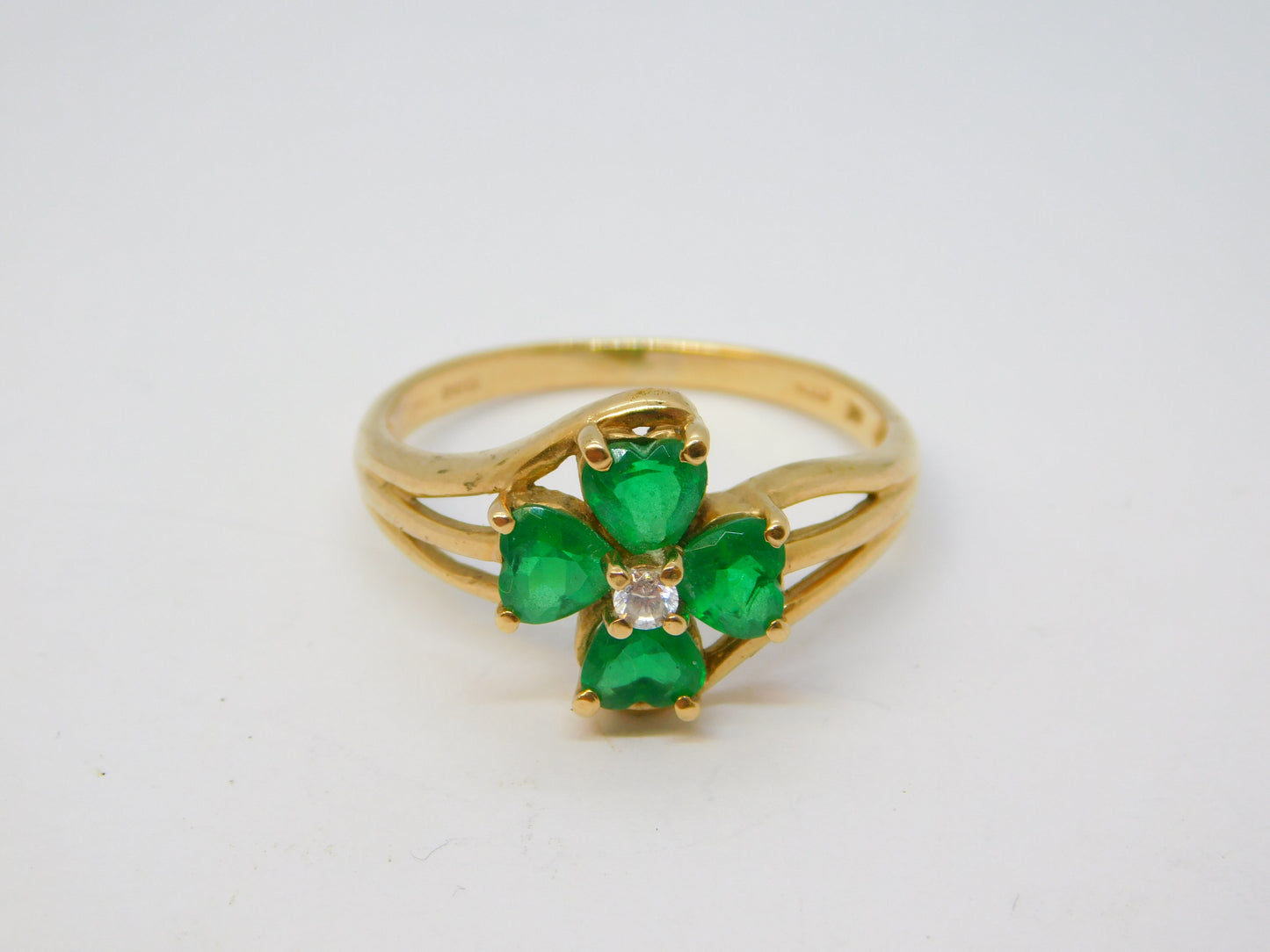 9ct Yellow Gold, Green & White Stone Set Floral Dress Ring Vintage c1990 London