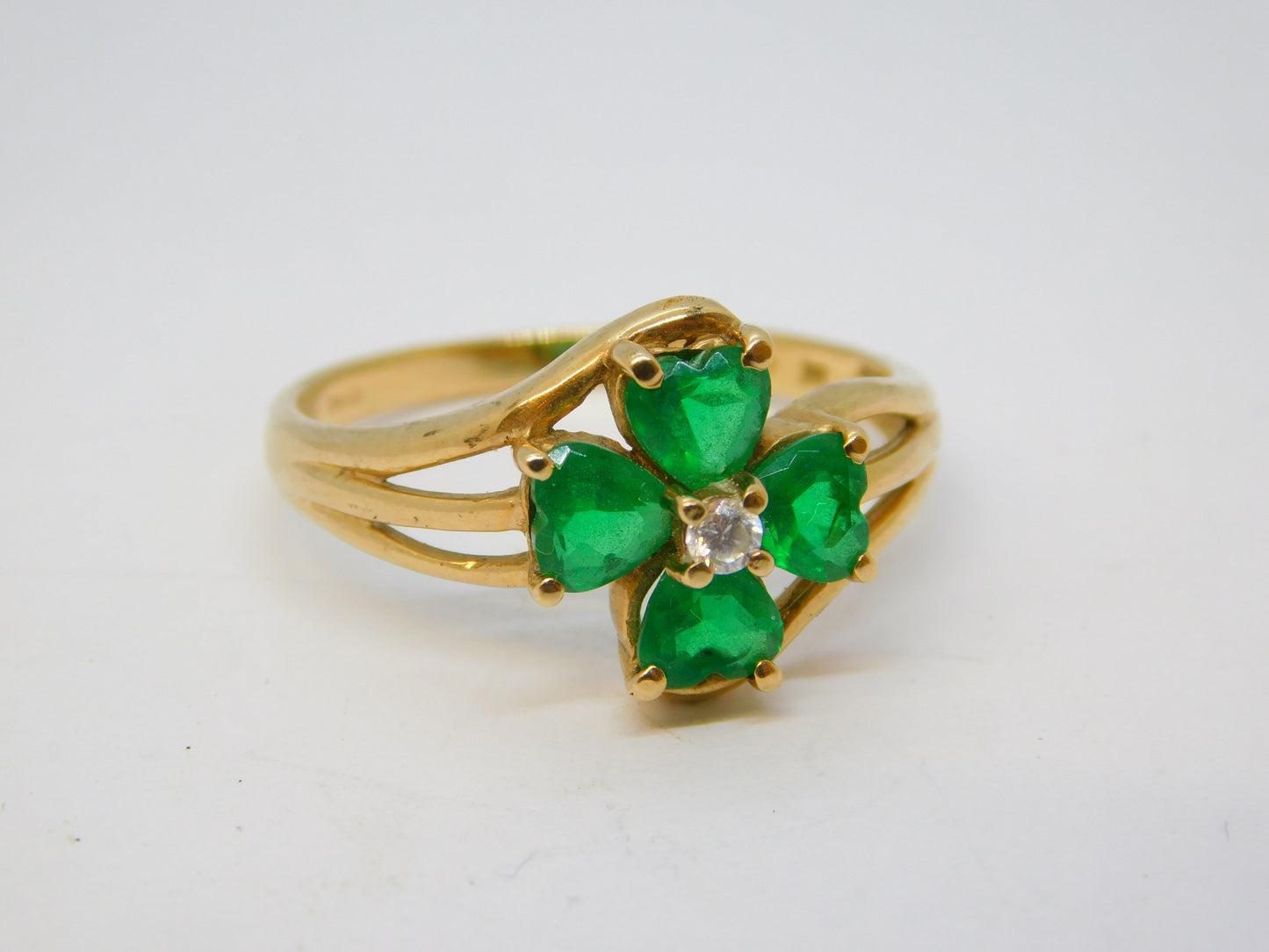 9ct Yellow Gold, Green & White Stone Set Floral Dress Ring Vintage c1990 London