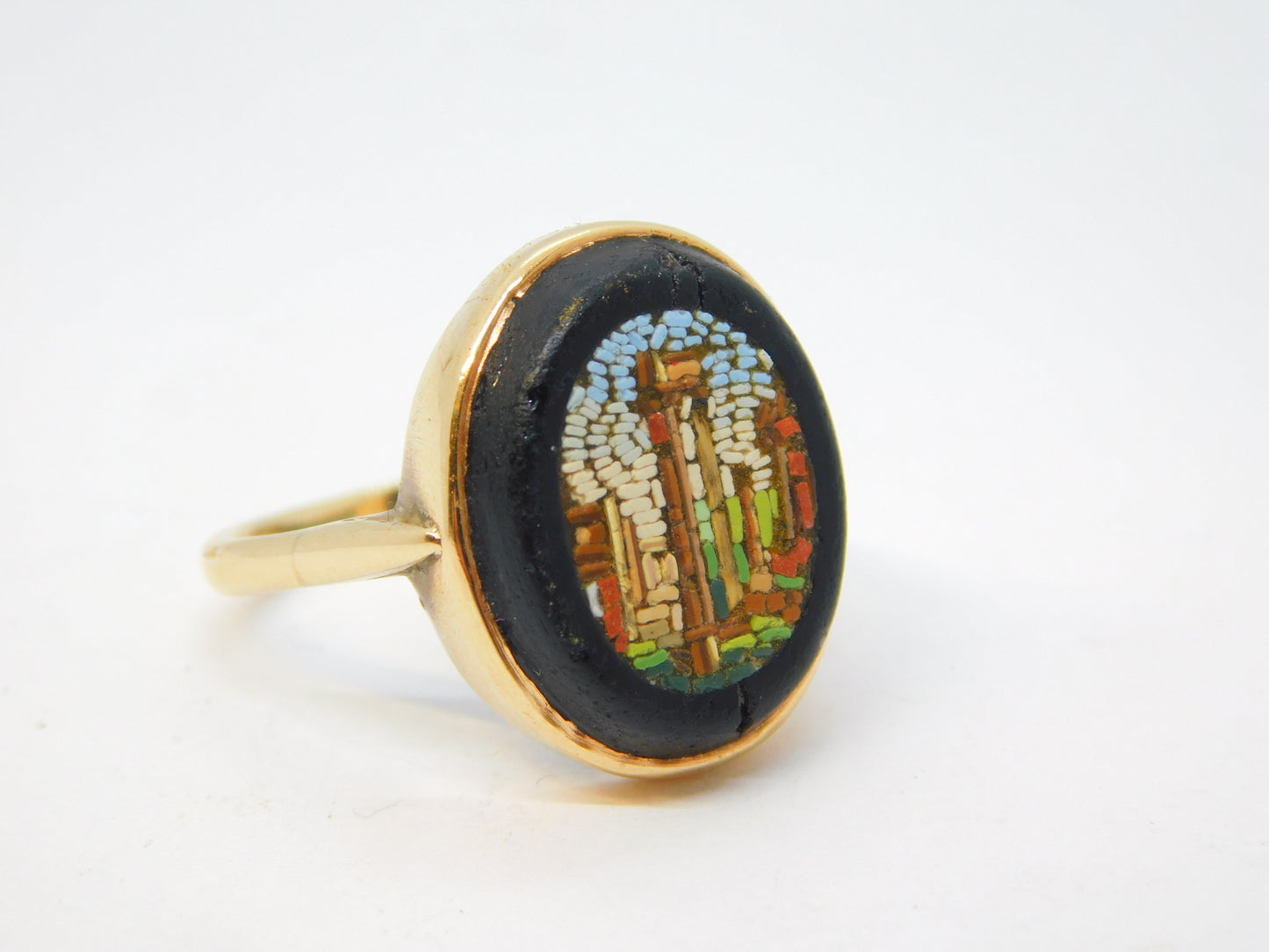 Grand Tour 9ct Gold Mounted Micro Mosaic Classical Scene Ring Antique c1830