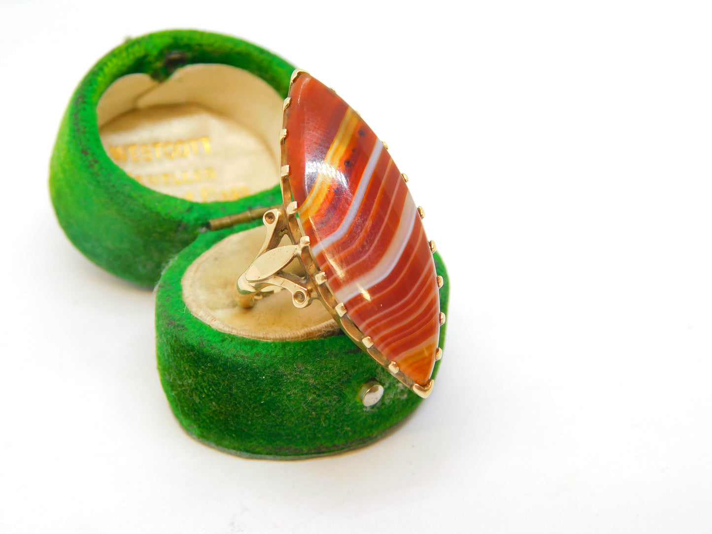 9ct Yellow Gold Mounted Large Marquise-Cut Banded Agate Ring Antique c1900