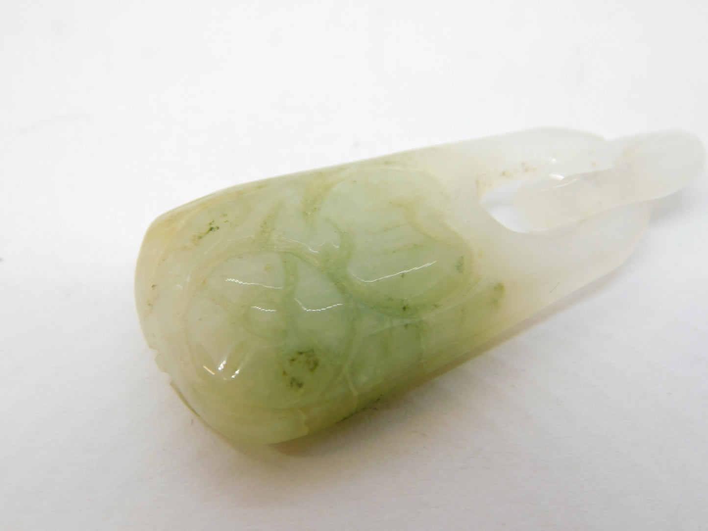 19th Century Chinese Carved Apple-Green Jade Floral Drop Pendant Antique c1860