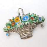 Sterling Silver Floral Enamel Cornucopia Basket Brooch Pin Antique c1940