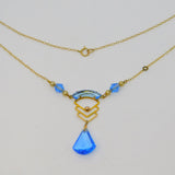 15ct Yellow Gold, Blue Glass & Pearl Lavalier Drop Necklace Antique c1930 Deco