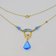 15ct Yellow Gold, Blue Glass & Pearl Lavalier Drop Necklace Antique c1930 Deco