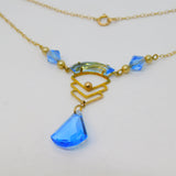 15ct Yellow Gold, Blue Glass & Pearl Lavalier Drop Necklace Antique c1930 Deco