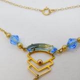 15ct Yellow Gold, Blue Glass & Pearl Lavalier Drop Necklace Antique c1930 Deco