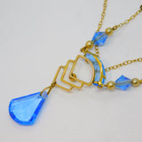 15ct Yellow Gold, Blue Glass & Pearl Lavalier Drop Necklace Antique c1930 Deco