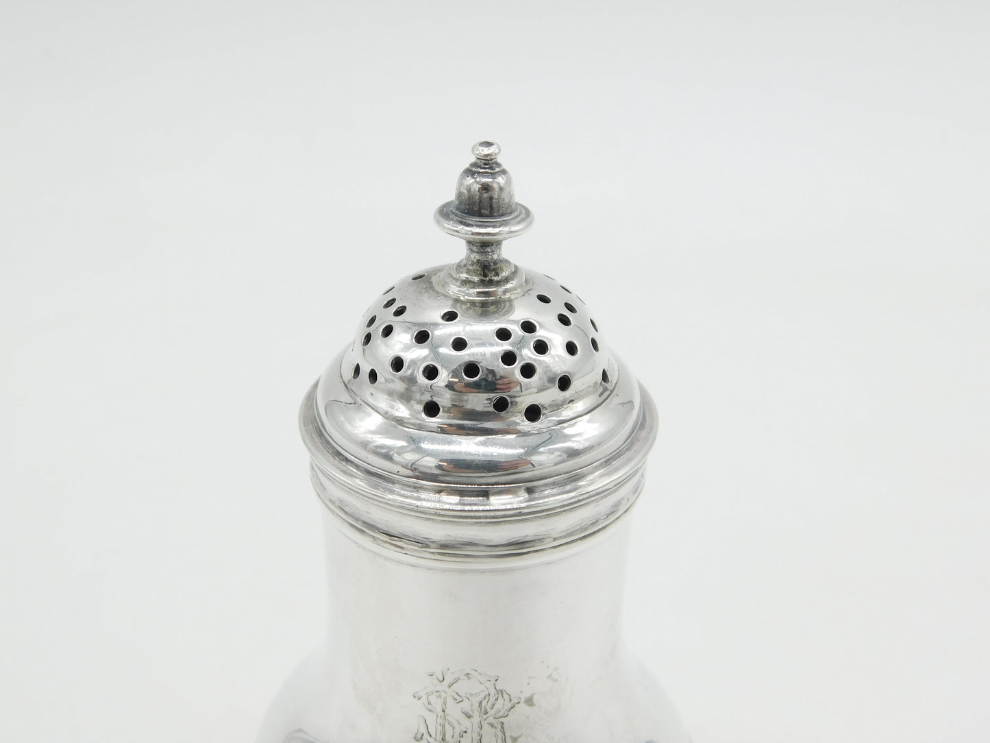 George II Sterling Silver Monogram Muffineer Sugar Caster Antique 1728 London