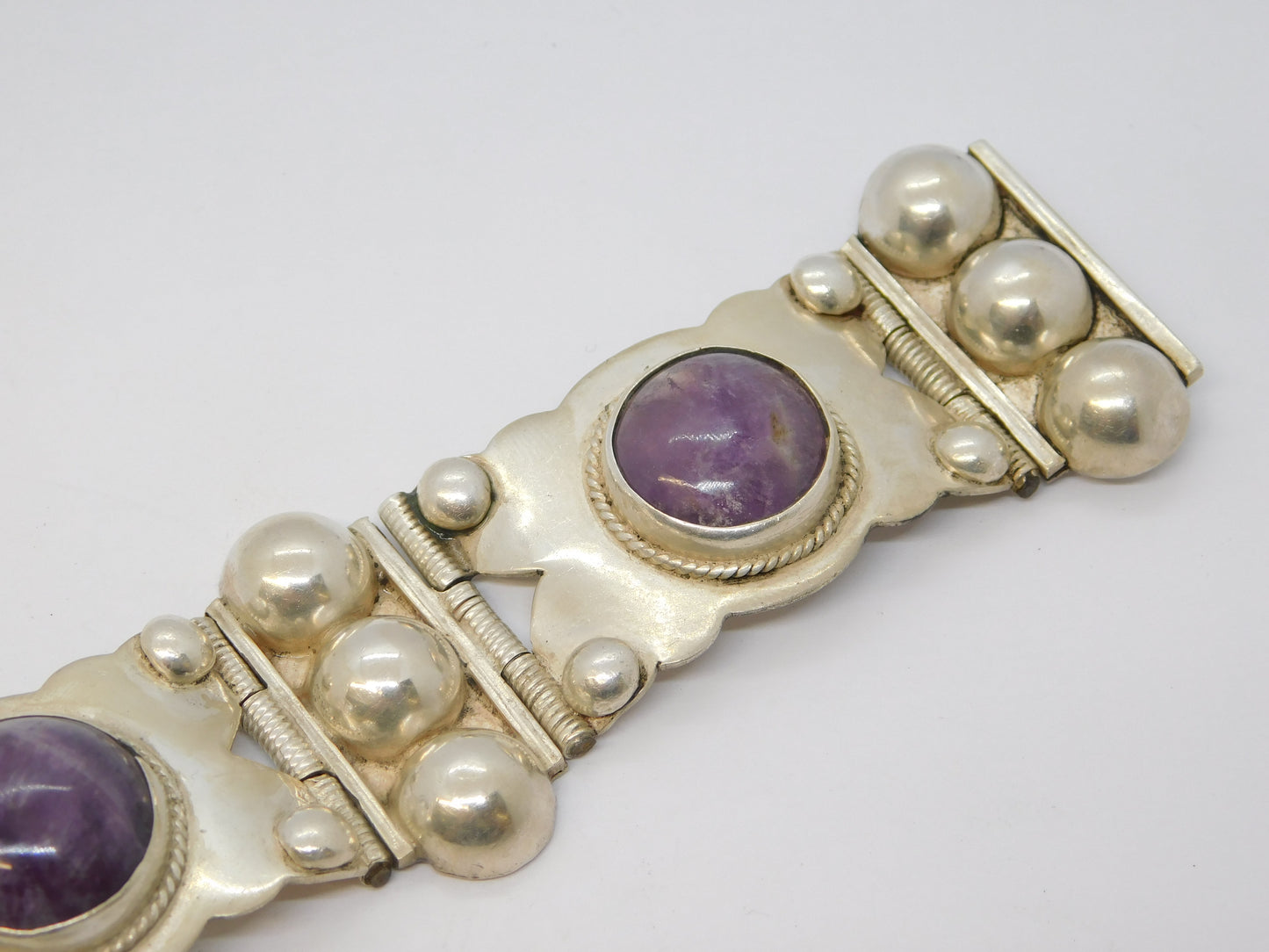 Mexican Chunky Sterling Silver Amethyst Cabochon Statement Bracelet Vintage