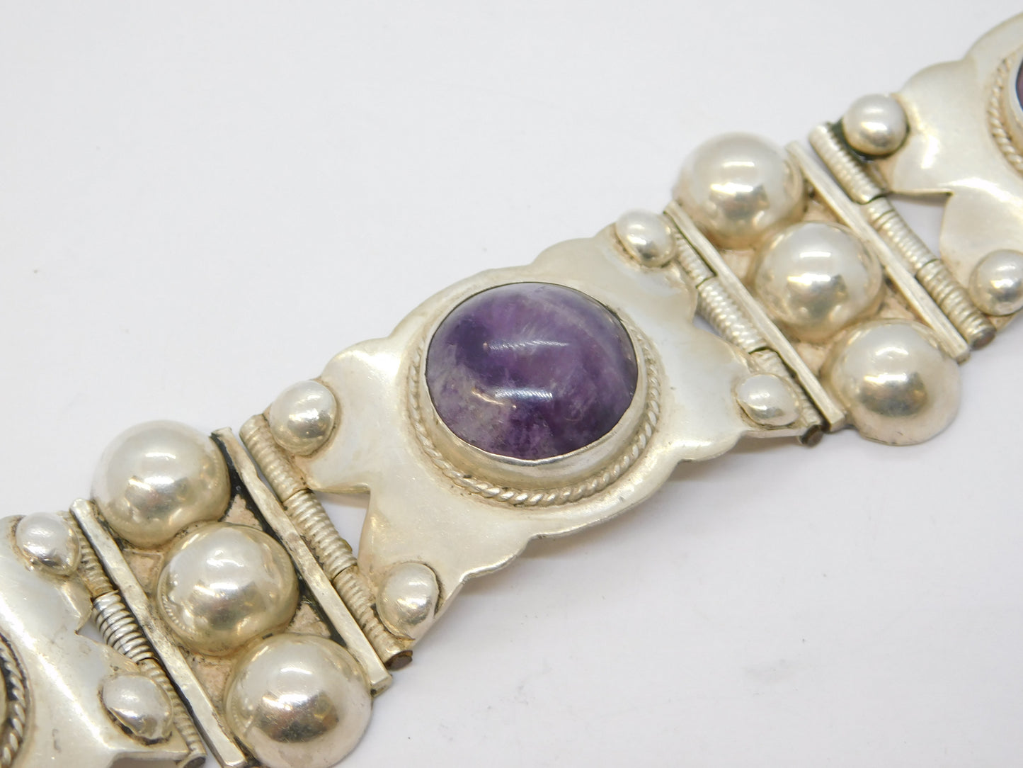 Mexican Chunky Sterling Silver Amethyst Cabochon Statement Bracelet Vintage