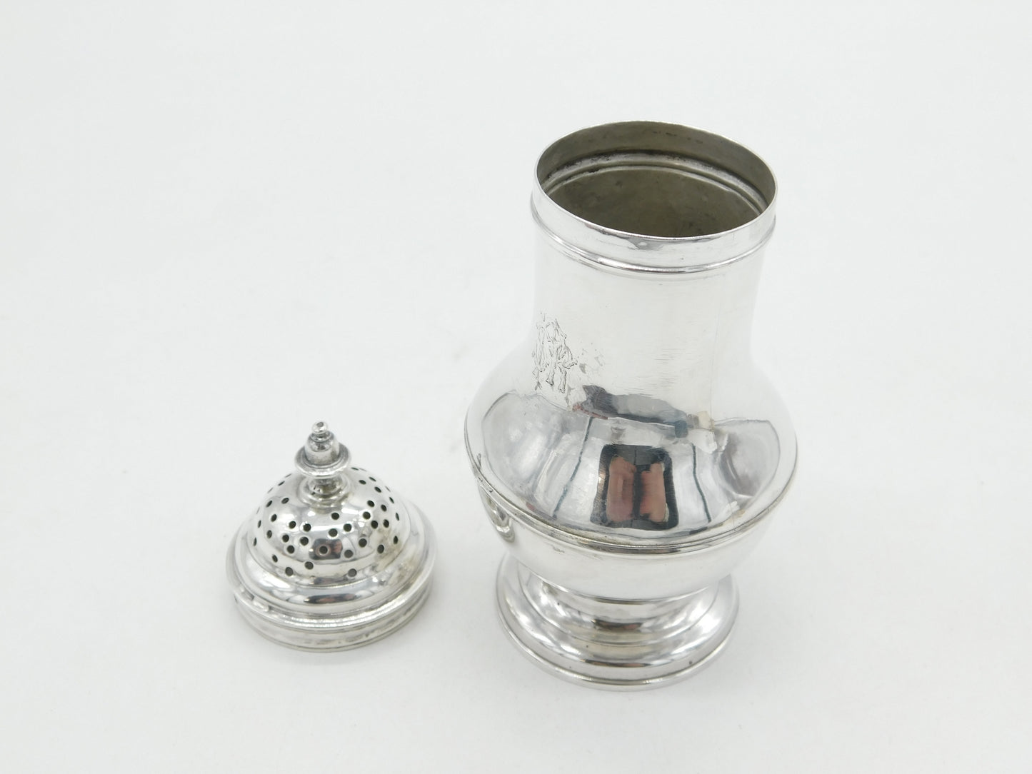 George II Sterling Silver Monogram Muffineer Sugar Caster Antique 1728 London