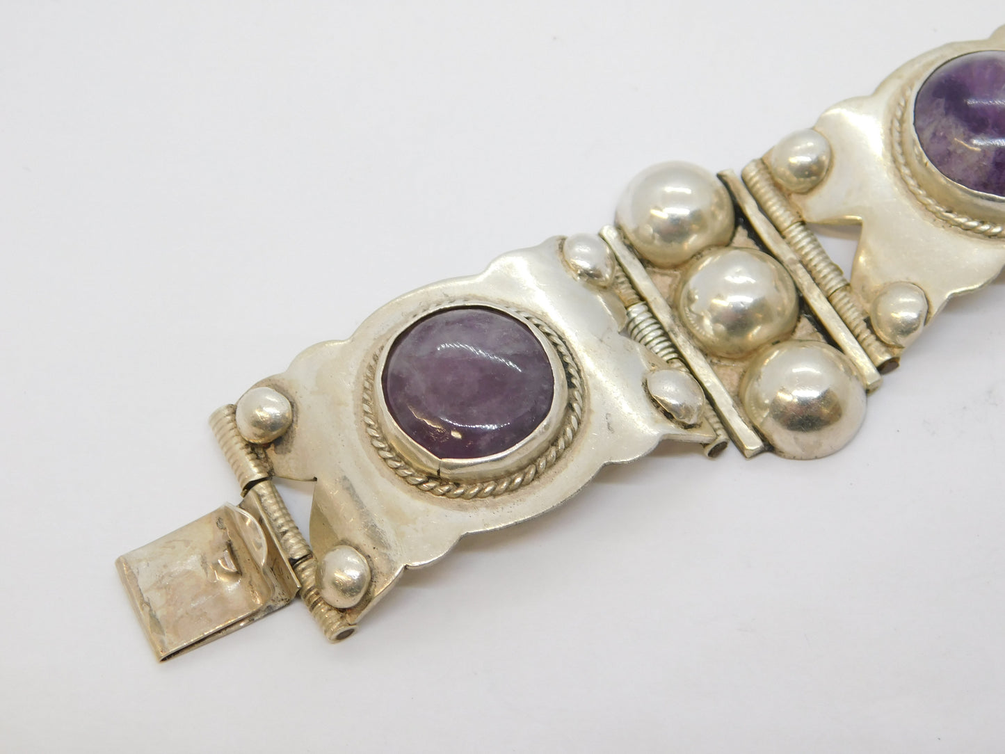 Mexican Chunky Sterling Silver Amethyst Cabochon Statement Bracelet Vintage